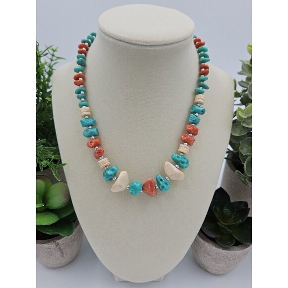 Vintage Faux Turquoise Teal Coral Speckled Single Strand Beaded Necklace 14" - Picture 5 of 5